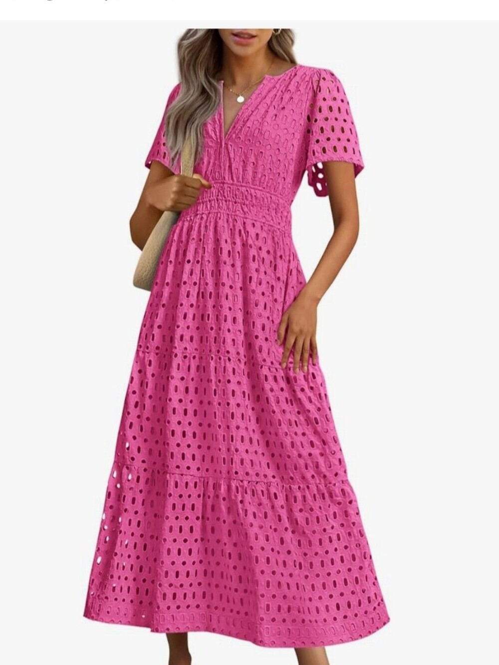 Pretty GARDEN Pink Eyelet Maxi Dress - Women's Summer V-Neck